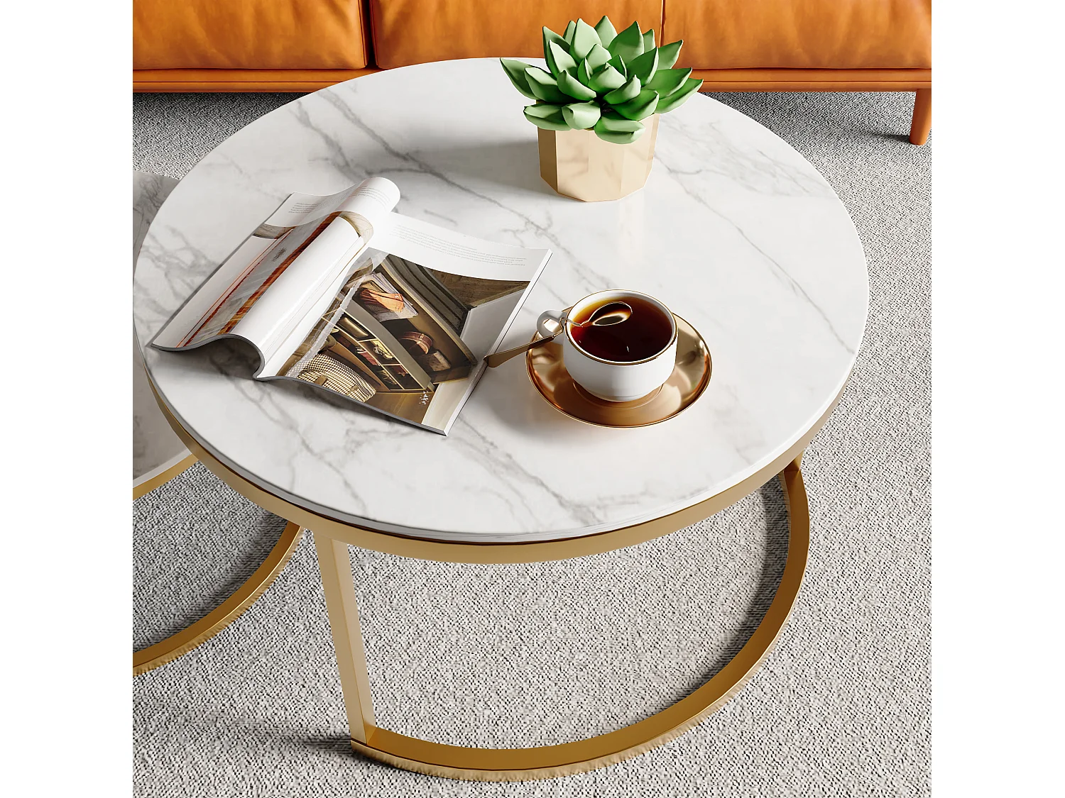 Tables basses gigognes - Effet marbre Blanc avec Cadre doré - Ronde Blanche Moderne - Coffee Table 2 pièces