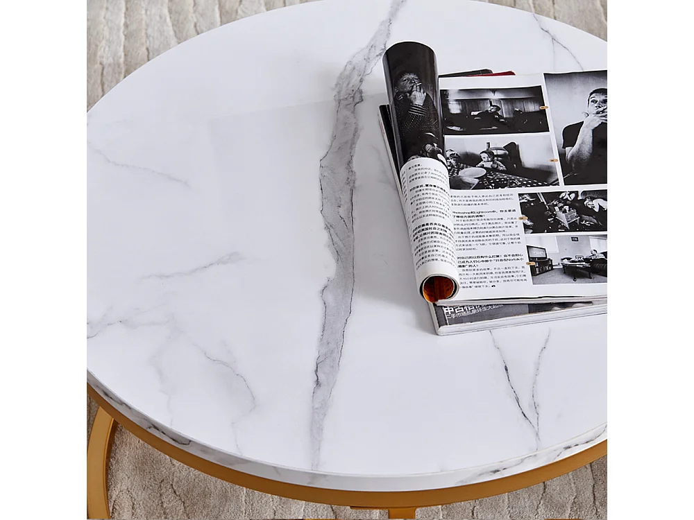 Mesa de centro blanca con marco dorado, mesa de centro de 2 piezas, mesa de centro redonda blanca moderna, mesa nido redonda con efecto mármol blanco