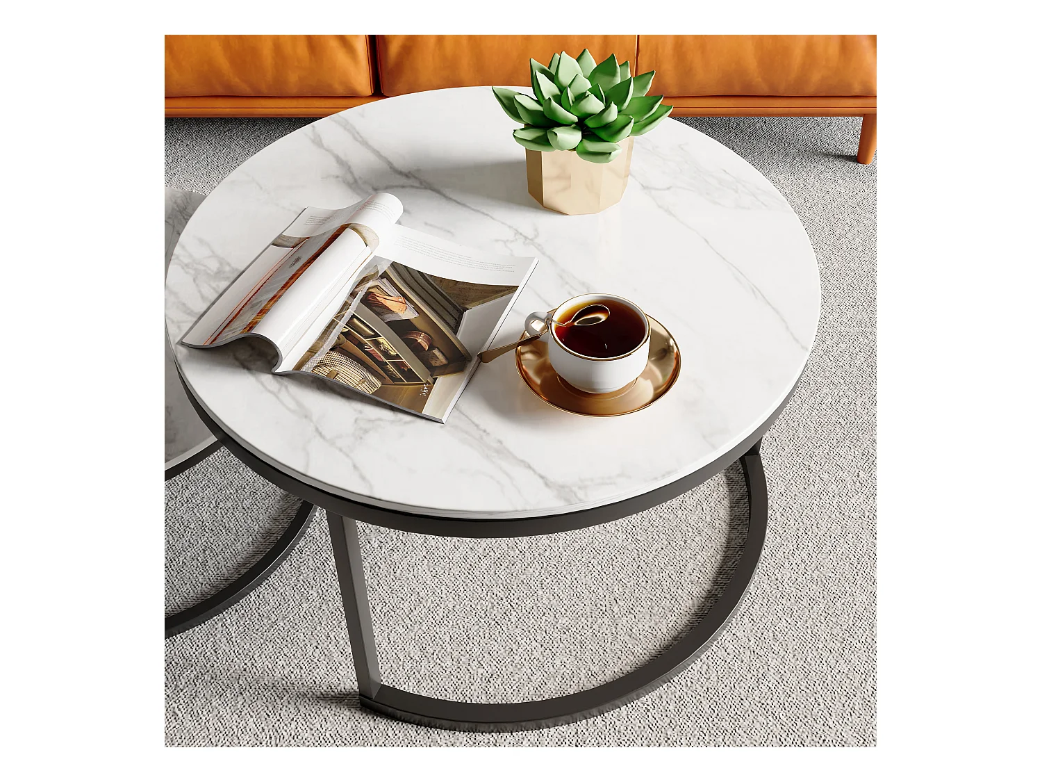 Table de Salon avec Effet marbre, Table Basse Gigogne avec Cadre Noir, Table Ronde Moderne, Table Basse Ronde Blanche Set de 2