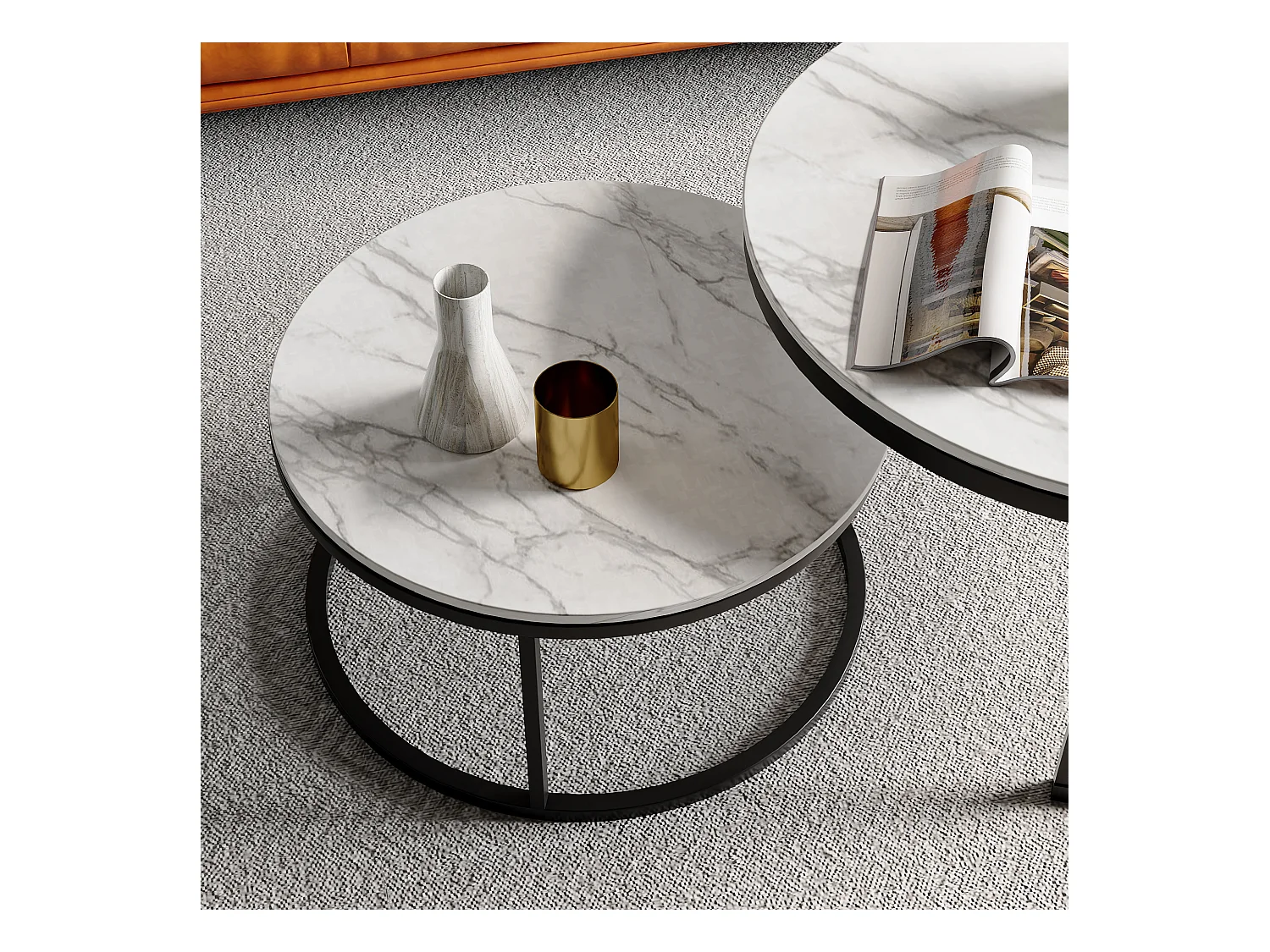 Table de Salon avec Effet marbre, Table Basse Gigogne avec Cadre Noir, Table Ronde Moderne, Table Basse Ronde Blanche Set de 2