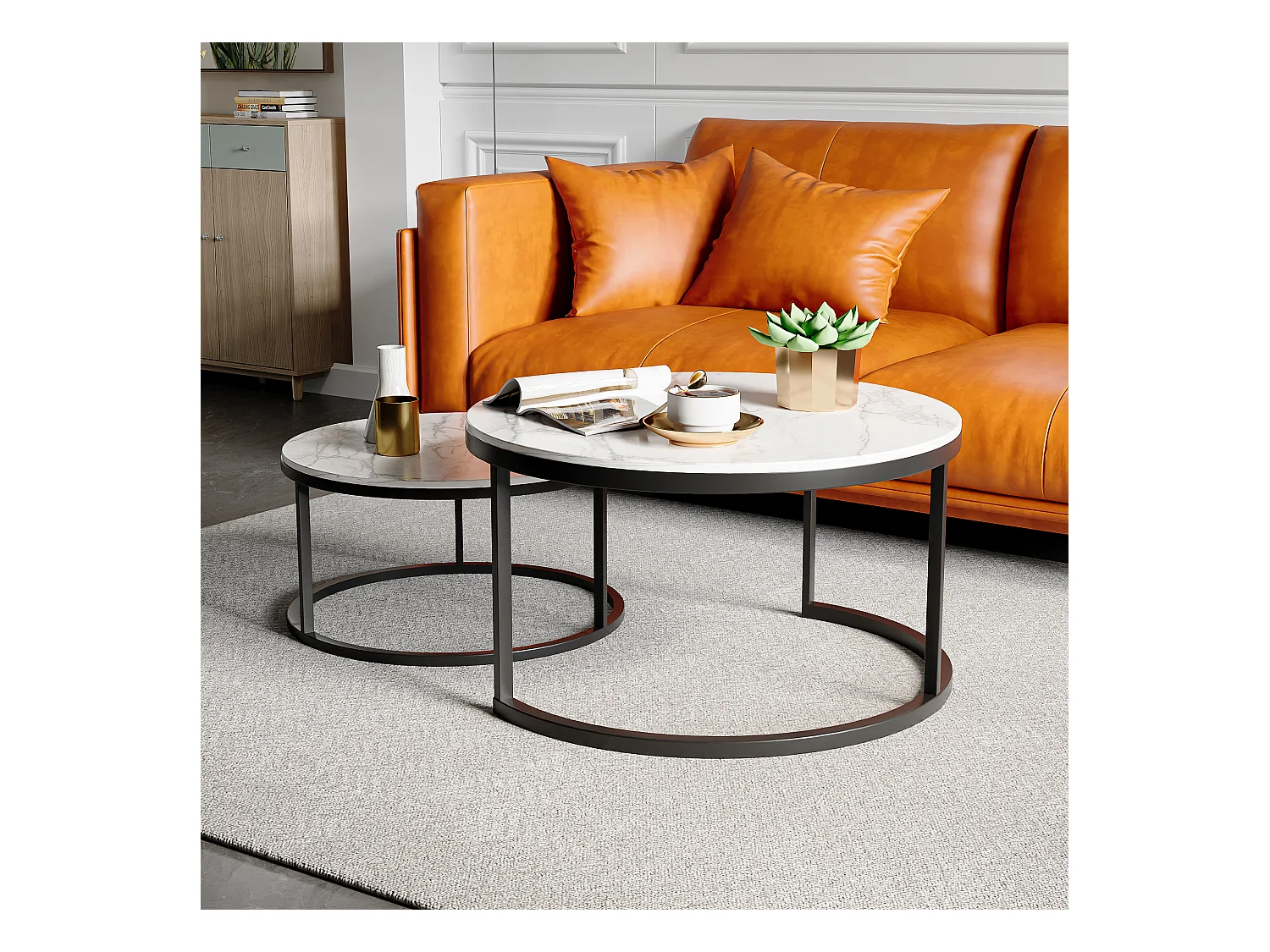 Table de Salon avec Effet marbre, Table Basse Gigogne avec Cadre Noir, Table Ronde Moderne, Table Basse Ronde Blanche Set de 2