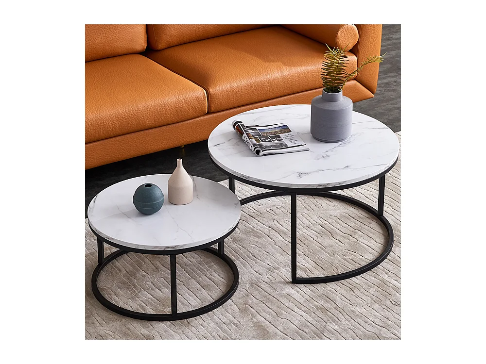 Table de Salon avec Effet marbre, Table Basse Gigogne avec Cadre Noir, Table Ronde Moderne, Table Basse Ronde Blanche Set de 2