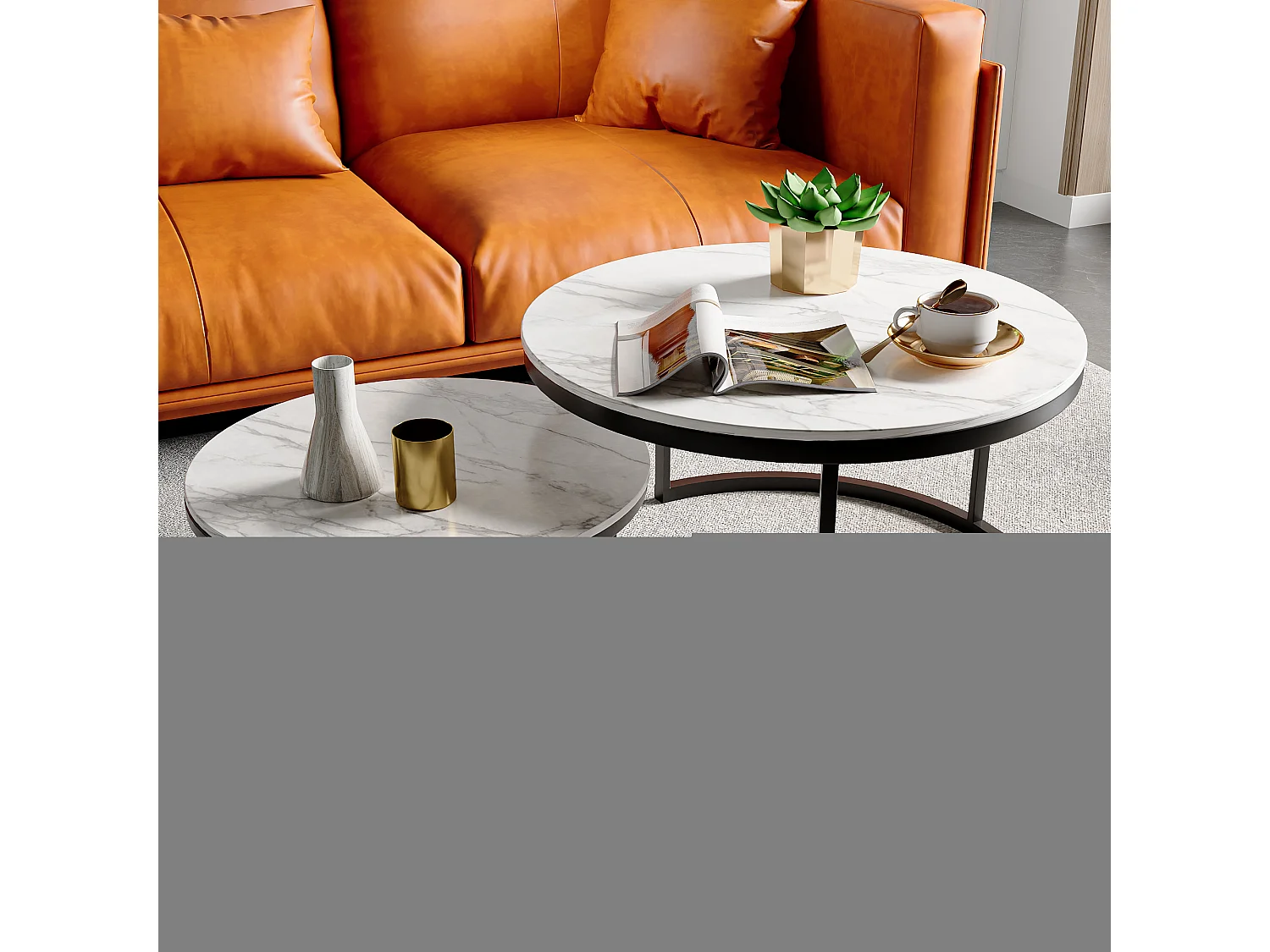 Table Basse Gigognes - Lot de 2 Tables Basses - Table de Salon Effet marbre - Cadre Noir - Table Ronde Moderne