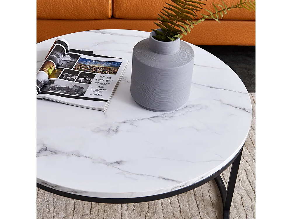 Table Basse Gigognes - Lot de 2 Tables Basses - Table de Salon Effet marbre - Cadre Noir - Table Ronde Moderne