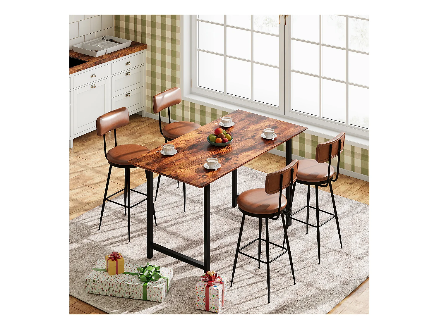 Tabouret de Bar, Lot de 4, Chaise Haute Cuisine,Chaise de Bar avec Repose-Pieds et Dossier,pour Salle à Manger, Cuisine, Simili Cuir,brun