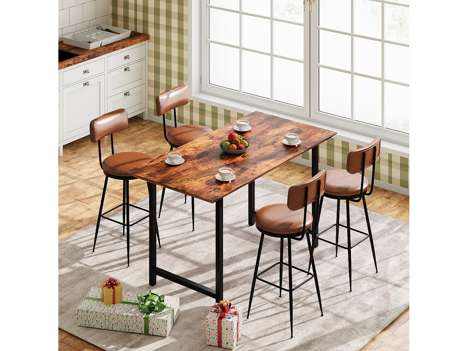 Tabouret de Bar, Lot de 4, Chaise Haute Cuisine,Chaise de Bar avec Repose-Pieds et Dossier,pour Salle à Manger, Cuisine, Simili Cuir,brun