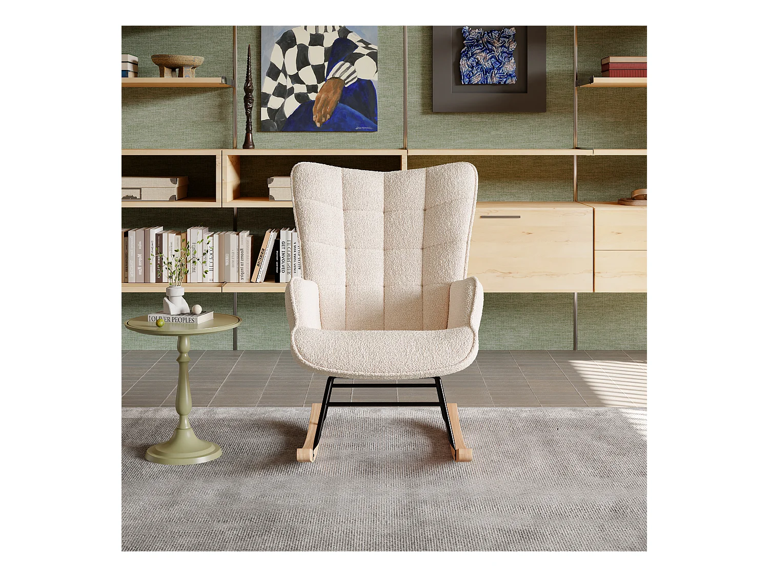 Fauteuil à Bascule, Rocking chair, Allaitement Bébé, Chaise à Bascule en tissu teddy, Pieds en Métal et en Bois Massif, Scandinave