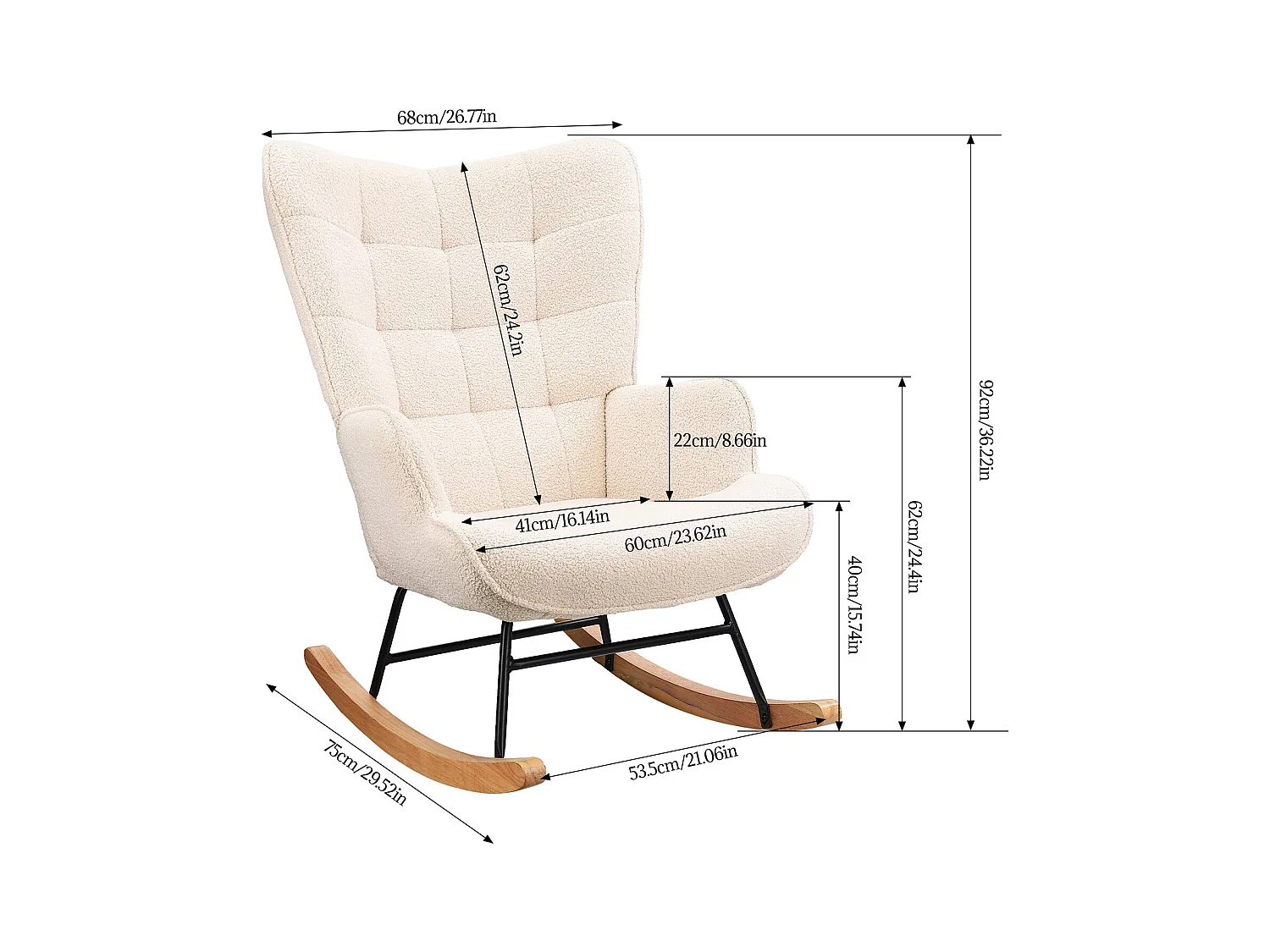 Fauteuil à Bascule, Rocking chair, Allaitement Bébé, Chaise à Bascule en tissu teddy, Pieds en Métal et en Bois Massif, Scandinave
