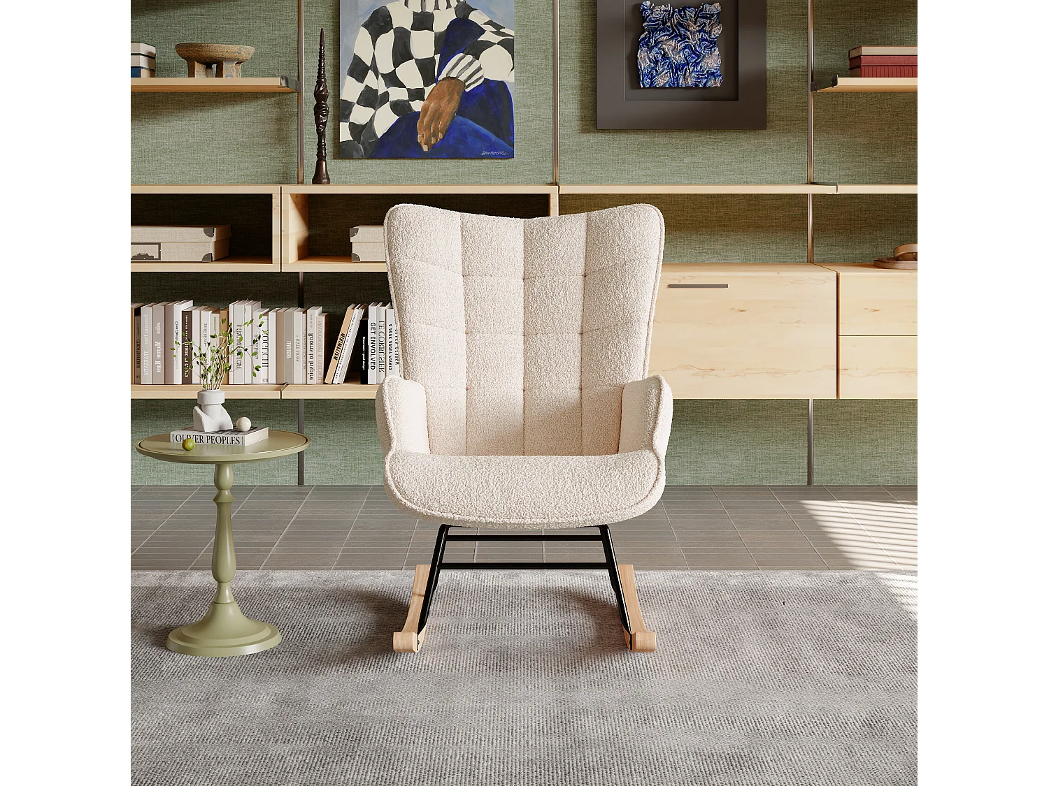 Fauteuil à Bascule, Rocking chair, Allaitement Bébé, Chaise à Bascule en tissu teddy, Pieds en Métal et en Bois Massif, Scandinave