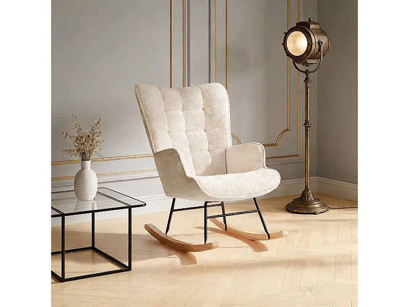 Fauteuil à Bascule, Rocking chair, Allaitement Bébé, Chaise à Bascule en tissu teddy, Pieds en Métal et en Bois Massif, Scandinave