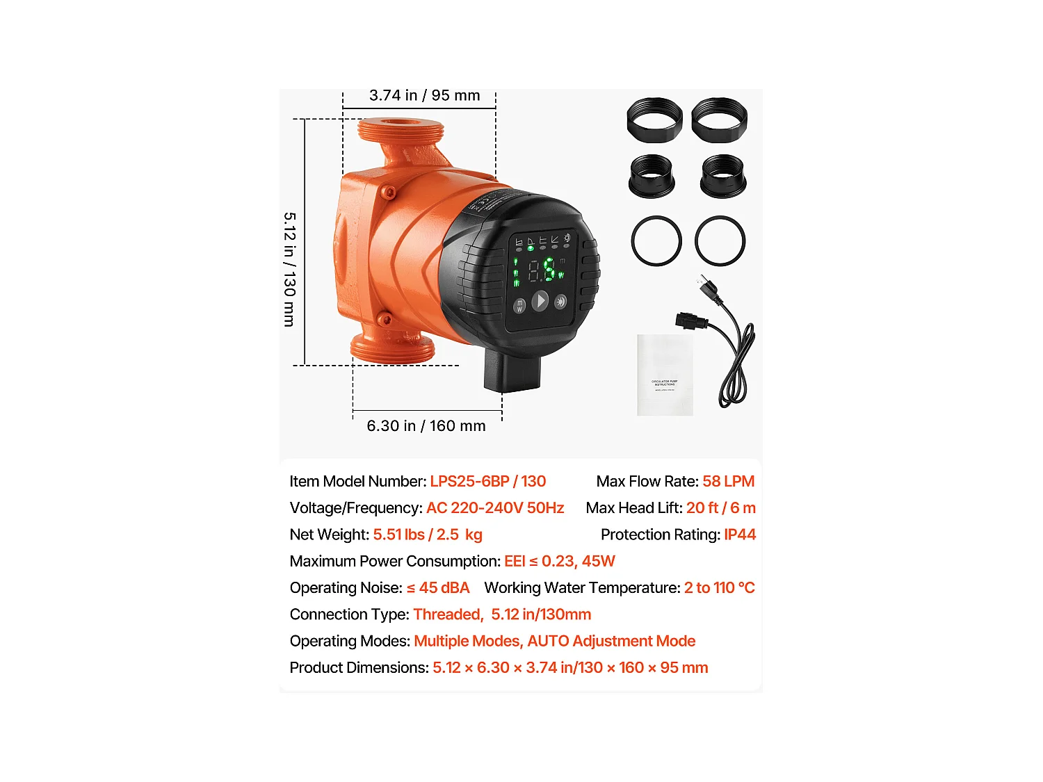 Circulatiepomp SucceBuy voor Warm Water, Maximale Opvoerhoogte 6 m, Hoogrendement Verwarmingspomp, 58 L/min, Terugslagklep, Energiezuinig