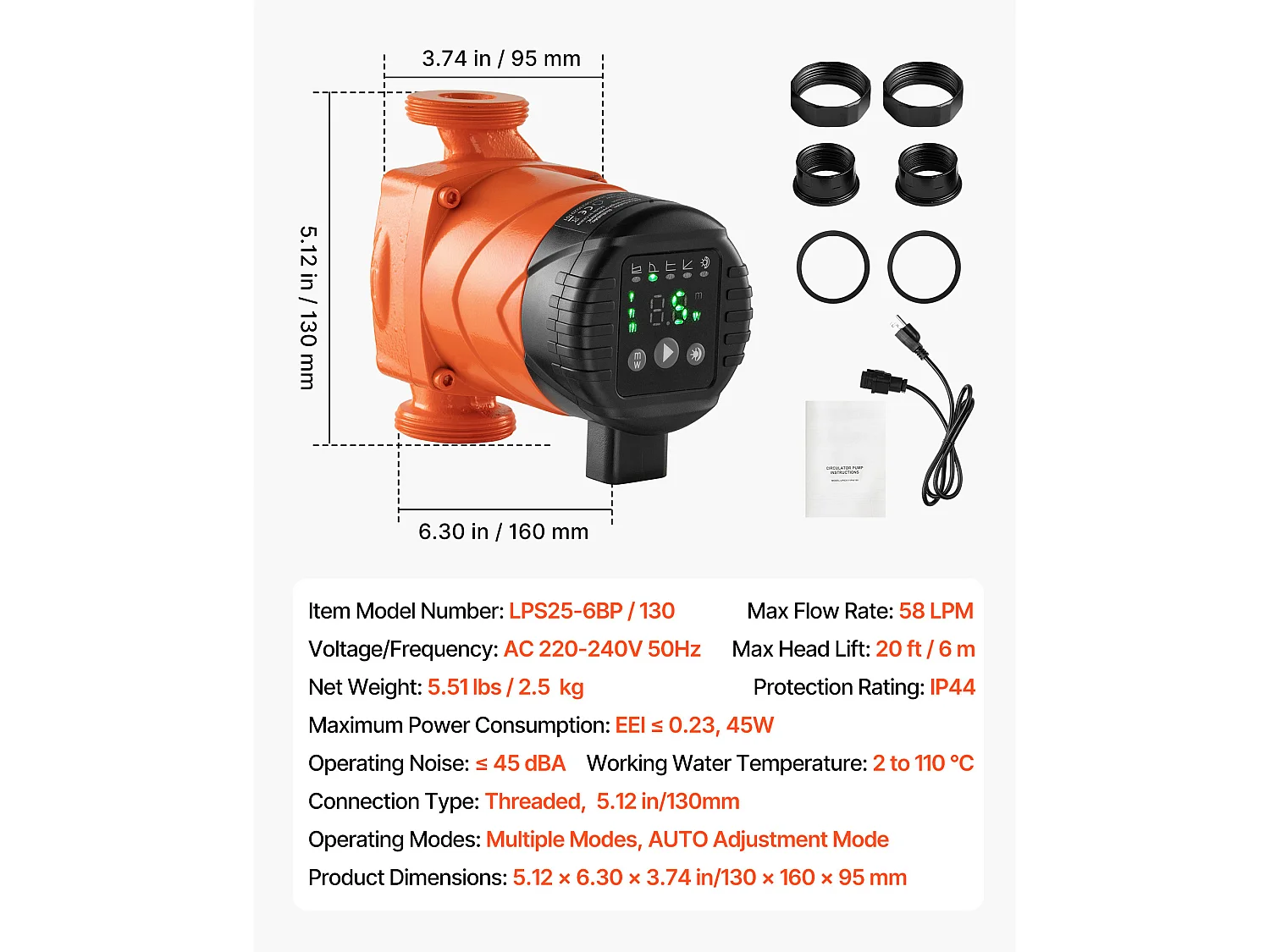 Pompe de Circulation SucceBuy d'Eau Chaude, Hauteur de Refoulement Maximale 6 m, Pompe de Chauffage à Haut Rendement, 58 L/min, Clapet Anti-retour