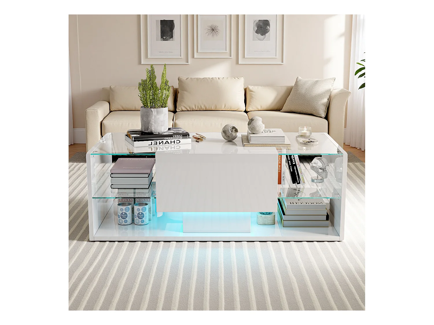 Table basse brillante avec éclairage LED, Table de salon avec étagère d'exposition ouverte et 1 tiroir, Style moderne, Blanc