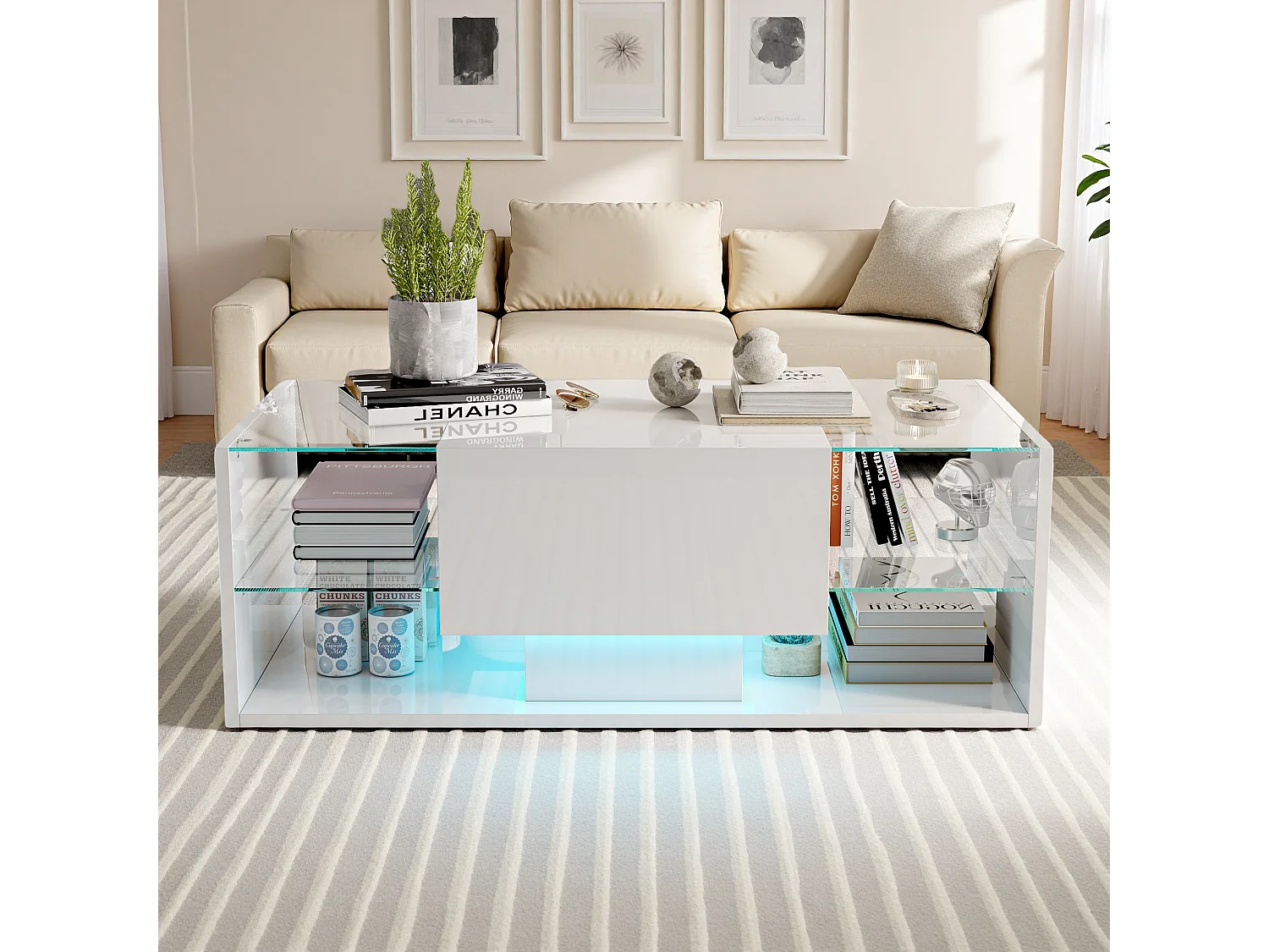 Table basse brillante avec éclairage LED, Table de salon avec étagère d'exposition ouverte et 1 tiroir, Style moderne, Blanc