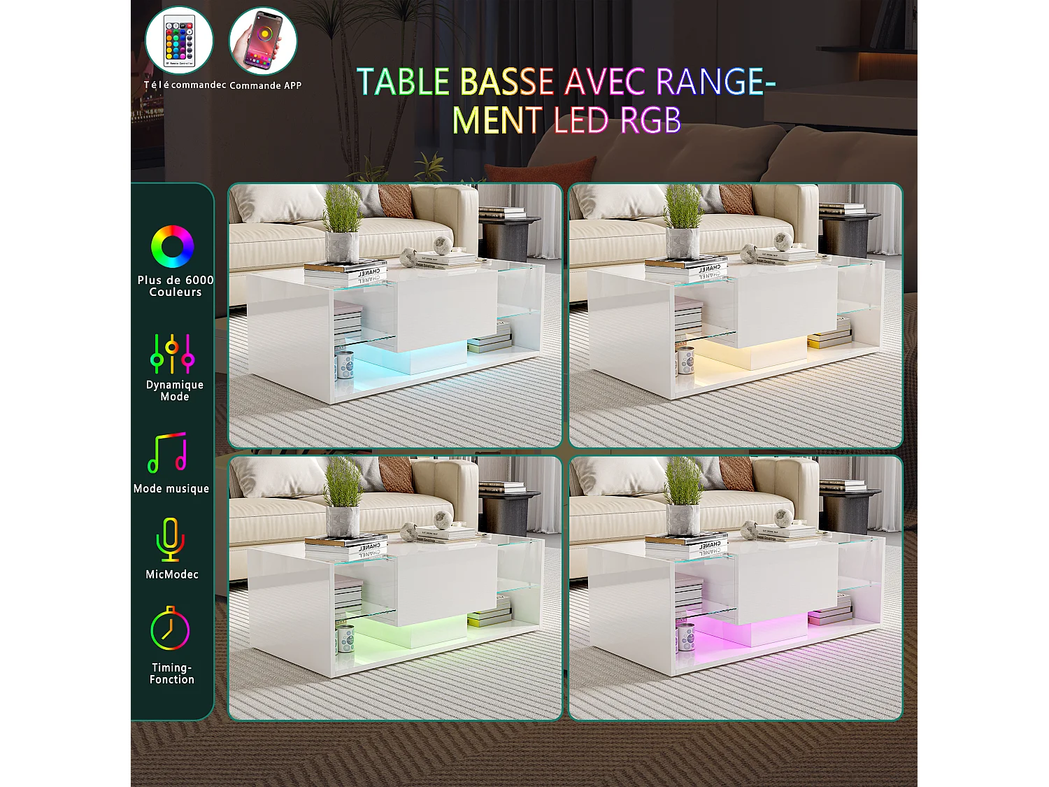 Table basse brillante avec éclairage LED, Table de salon avec étagère d'exposition ouverte et 1 tiroir, Style moderne, Blanc
