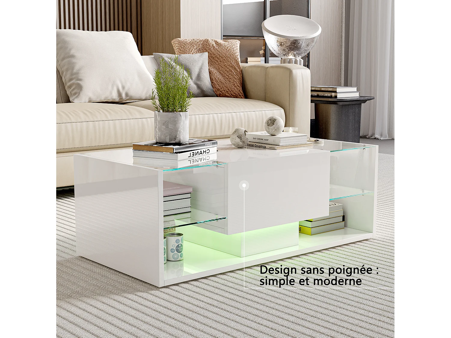Table basse brillante avec éclairage LED, Table de salon avec étagère d'exposition ouverte et 1 tiroir, Style moderne, Blanc