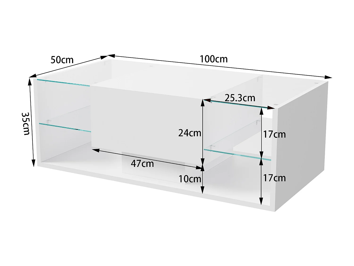 Table basse brillante avec éclairage LED, Table de salon avec étagère d'exposition ouverte et 1 tiroir, Style moderne, Blanc