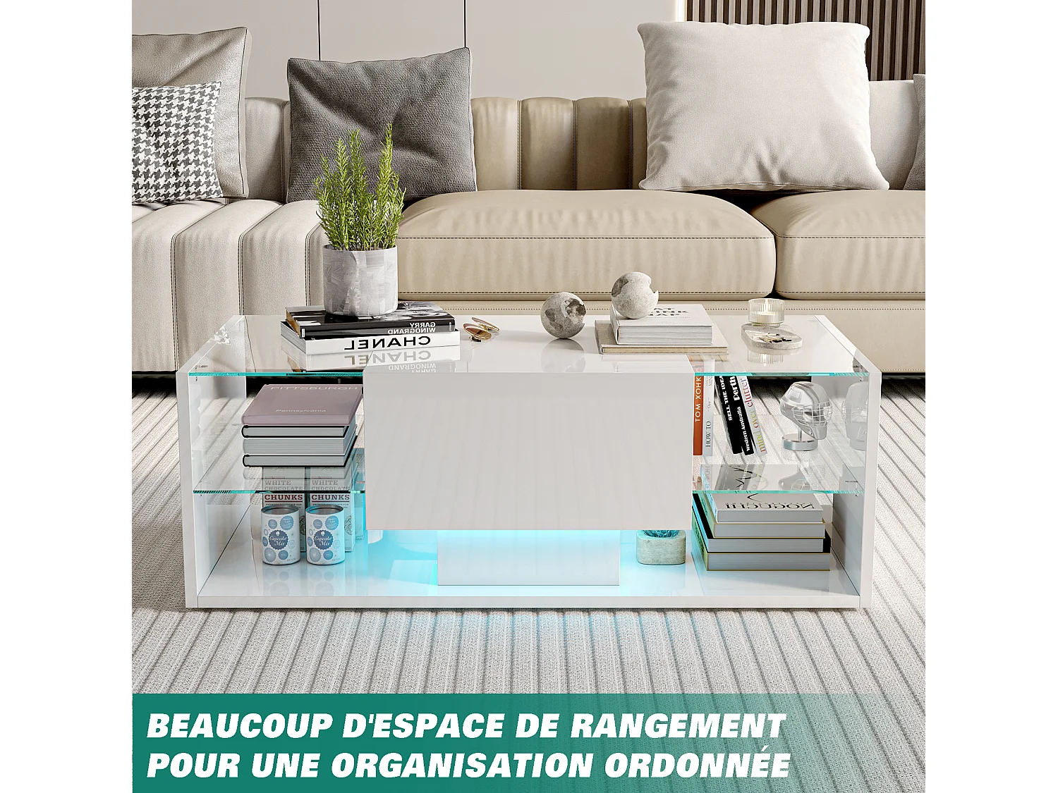 Table basse brillante avec éclairage LED, Table de salon avec étagère d'exposition ouverte et 1 tiroir, Style moderne, Blanc