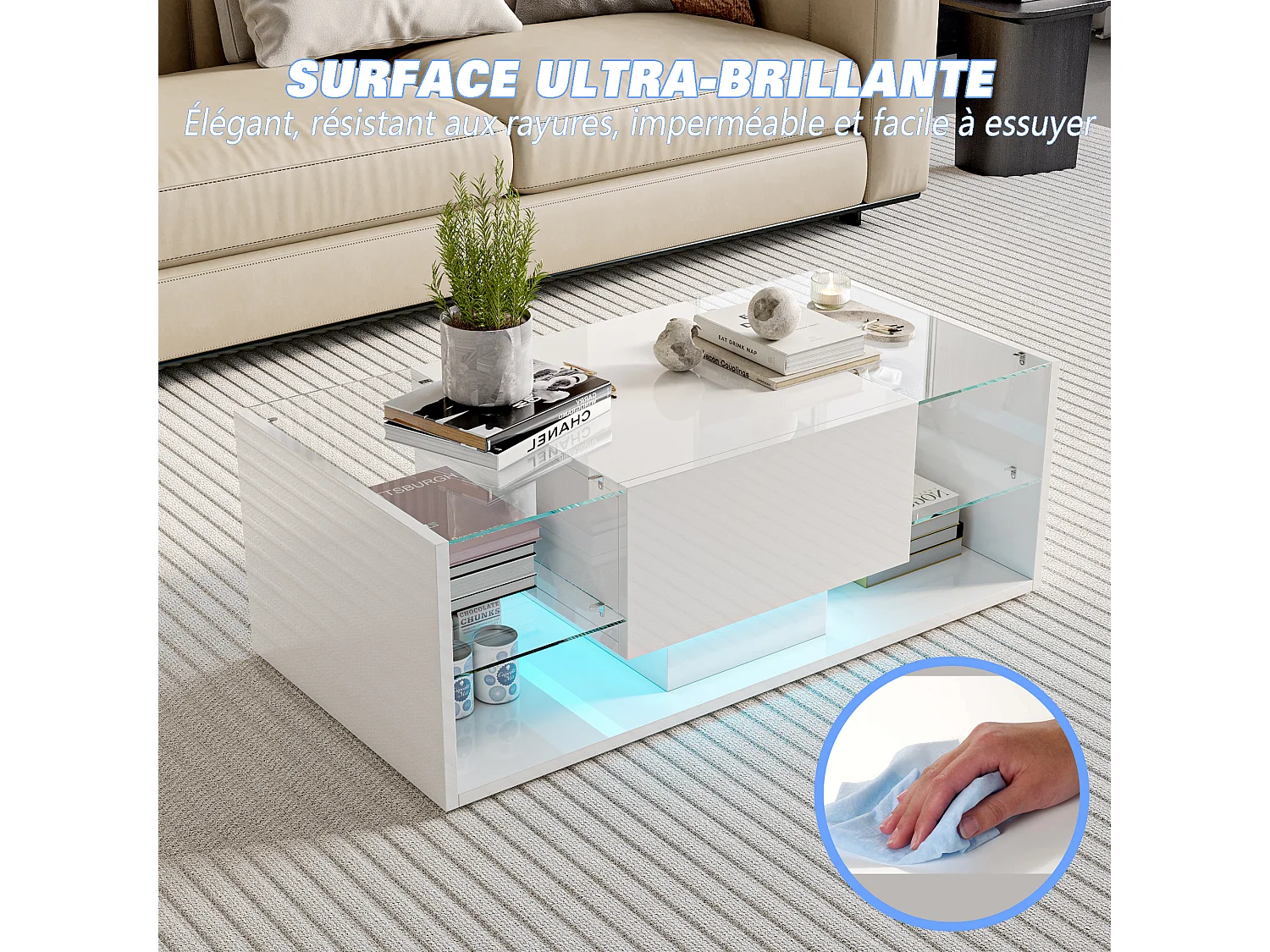 Table basse brillante avec éclairage LED, Table de salon avec étagère d'exposition ouverte et 1 tiroir, Style moderne, Blanc