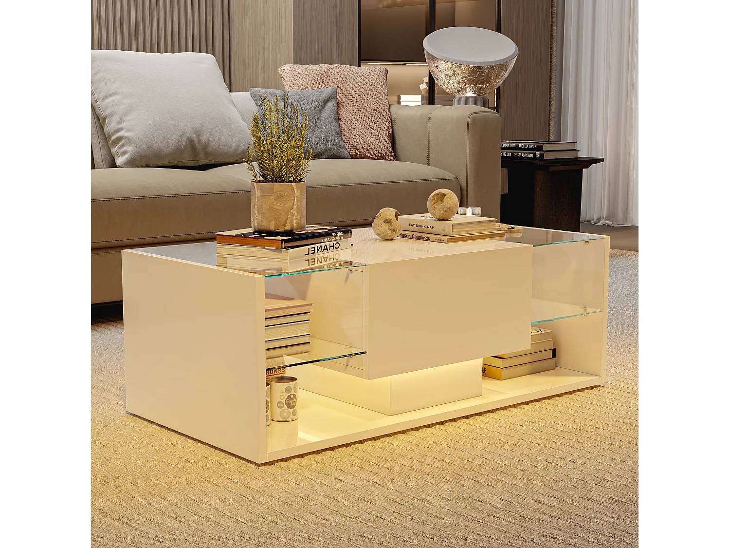 Table basse brillante avec éclairage LED, Table de salon avec étagère d'exposition ouverte et 1 tiroir, Style moderne, Blanc
