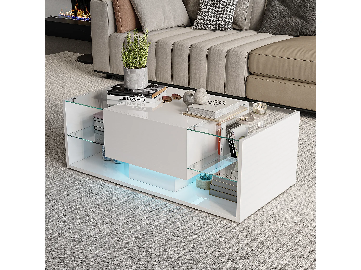 Table basse brillante avec éclairage LED, Table de salon avec étagère d'exposition ouverte et 1 tiroir, Style moderne, Blanc