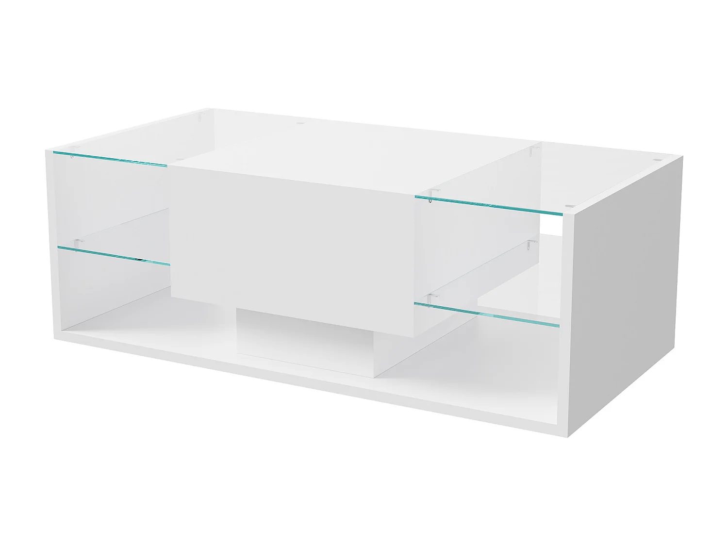 Glanzende salontafel met ledverlichting, woonkamertafel met open displayplank en 1 lade, moderne stijl, wit