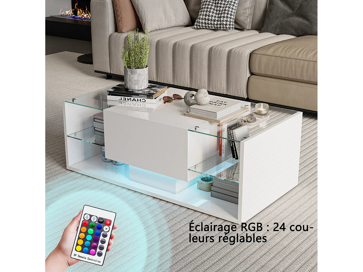 Glanzende salontafel met ledverlichting, woonkamertafel met open displayplank en 1 lade, moderne stijl, wit