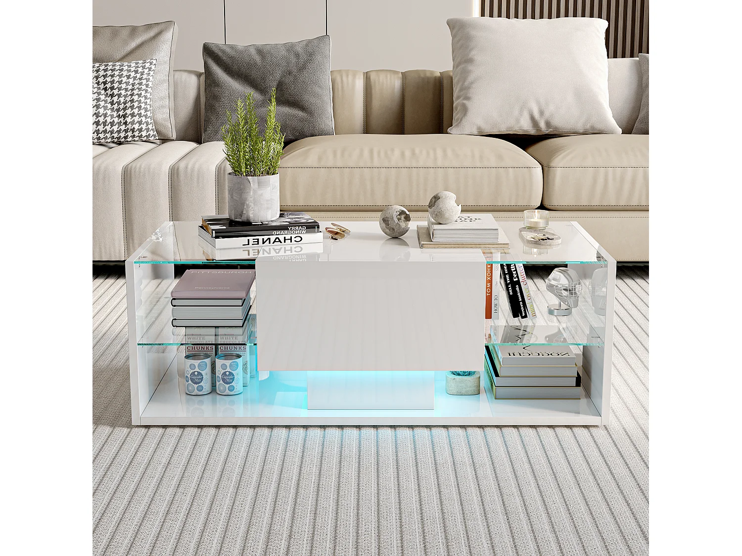 Glanzende salontafel met ledverlichting, woonkamertafel met open displayplank en 1 lade, moderne stijl, wit