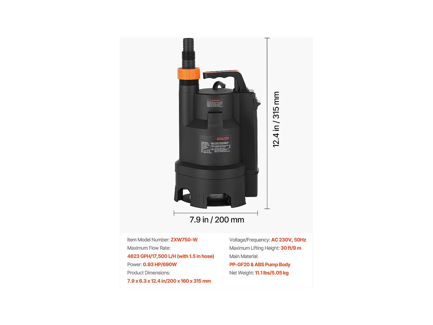 Dompelpomp voor Afvalwater SucceBuy 690 W Dompelpomp PP-GF20, 17500 L/u met Automatische Zwevenschakelaar, Opvoerhoogte 9 m, voor Zwembaden