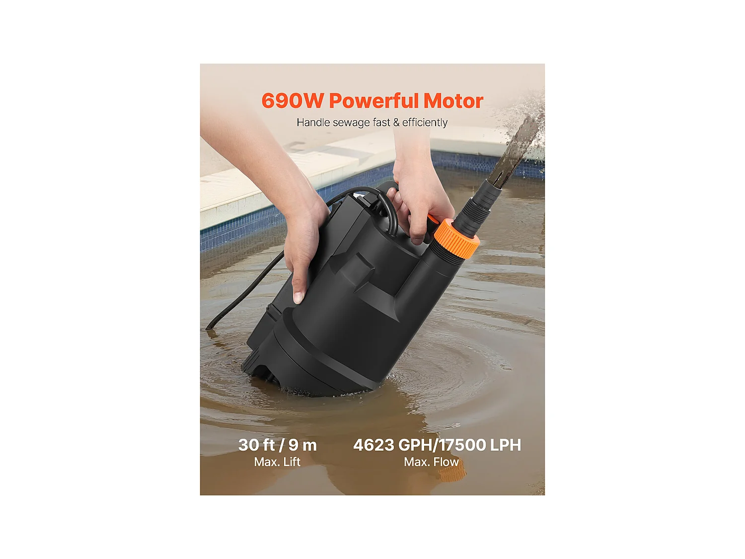 Dompelpomp voor Afvalwater SucceBuy 690 W Dompelpomp PP-GF20, 17500 L/u met Automatische Zwevenschakelaar, Opvoerhoogte 9 m, voor Zwembaden