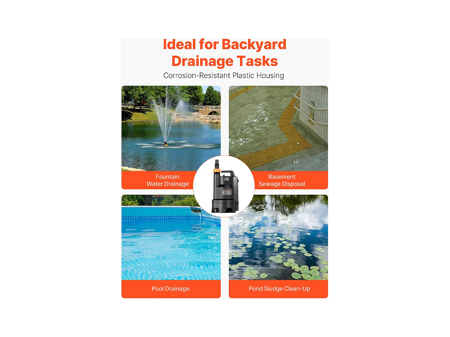 Dompelpomp voor Afvalwater SucceBuy 690 W Dompelpomp PP-GF20, 17500 L/u met Automatische Zwevenschakelaar, Opvoerhoogte 9 m, voor Zwembaden