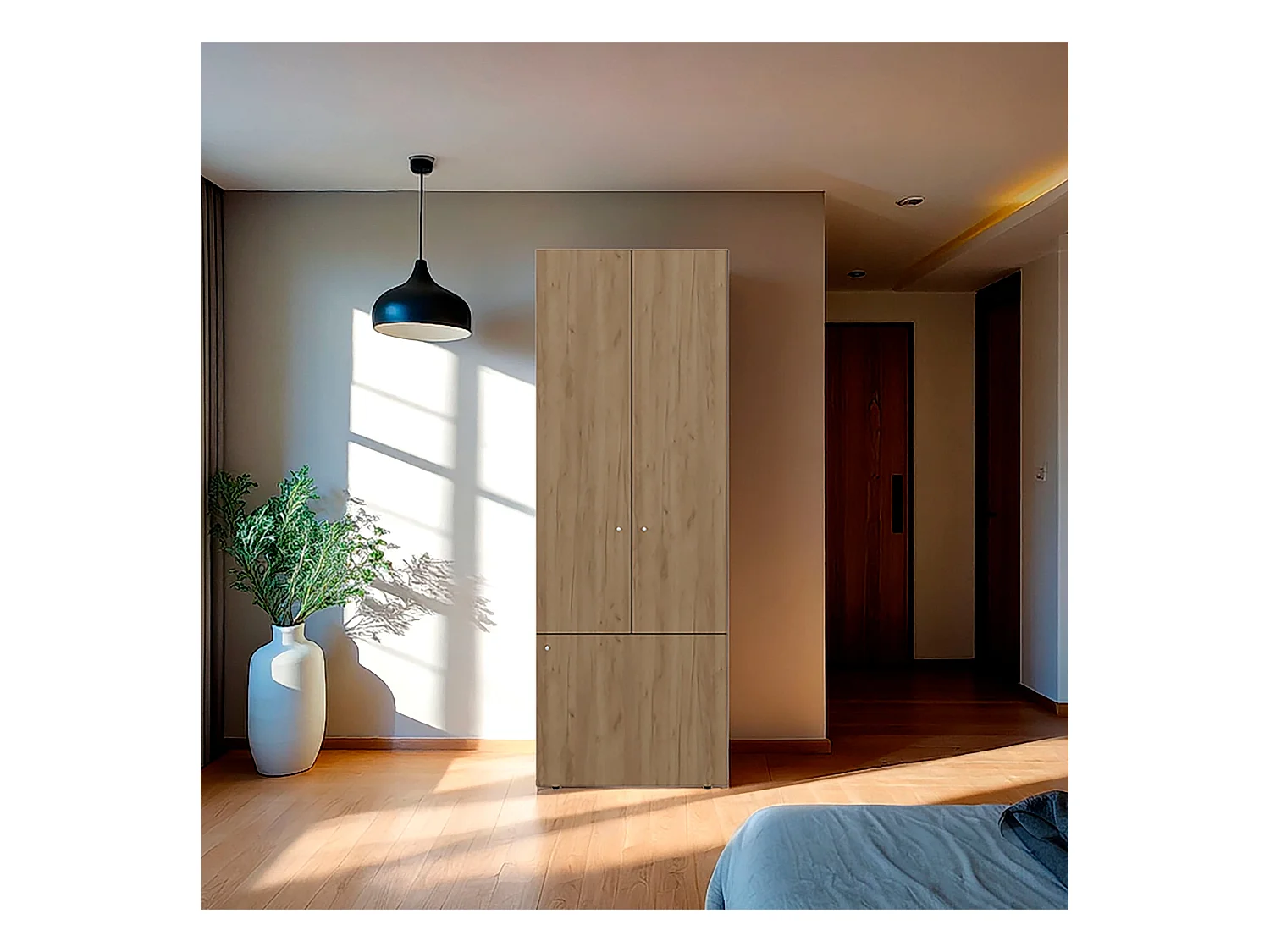 TUHOME  Armario alto de 3 puertas con 4 estantes Tolleso, armario independiente para dormitorio o recibidor, roble natural