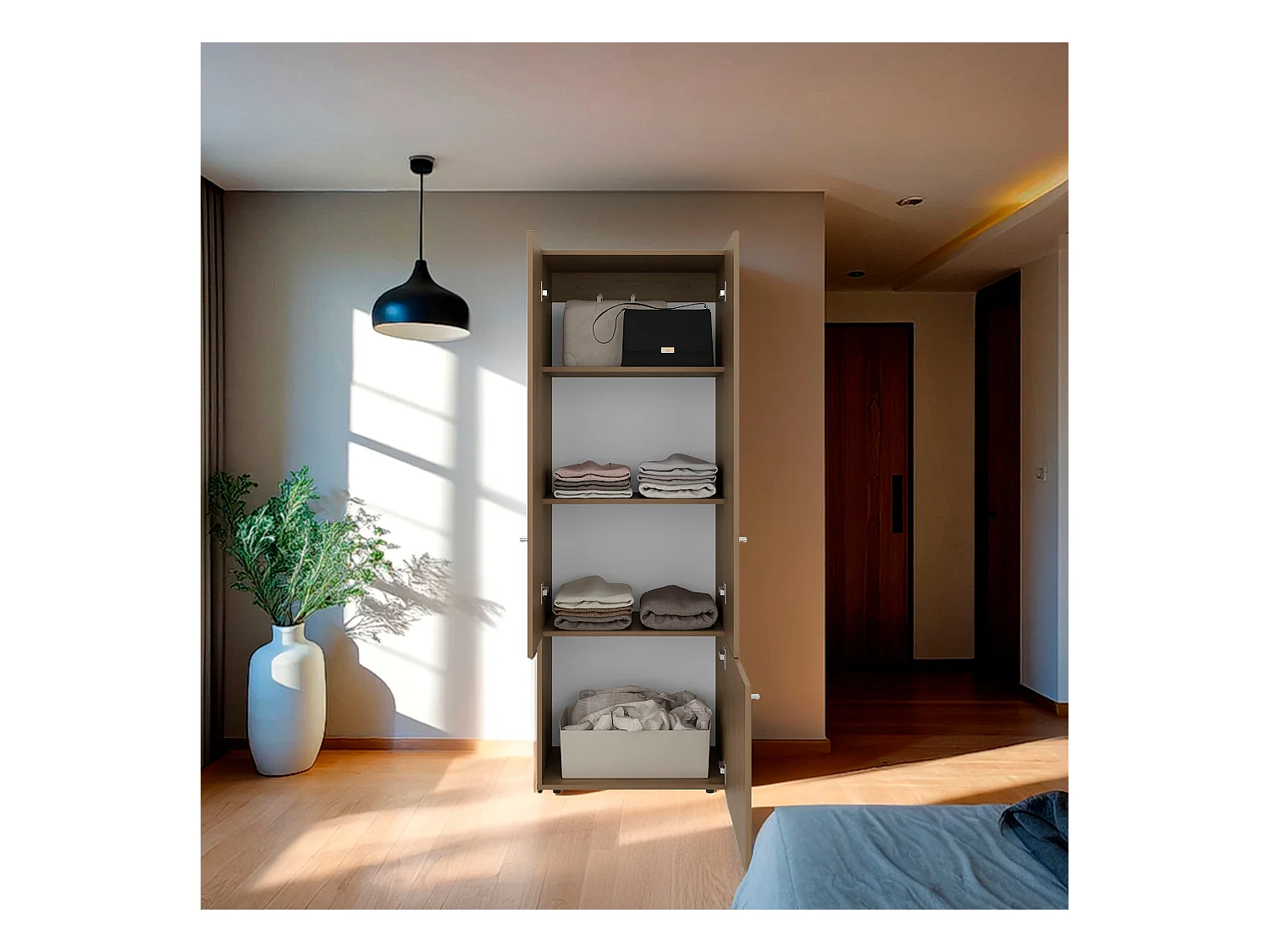 TUHOME  Armario alto de 3 puertas con 4 estantes Tolleso, armario independiente para dormitorio o recibidor, roble natural