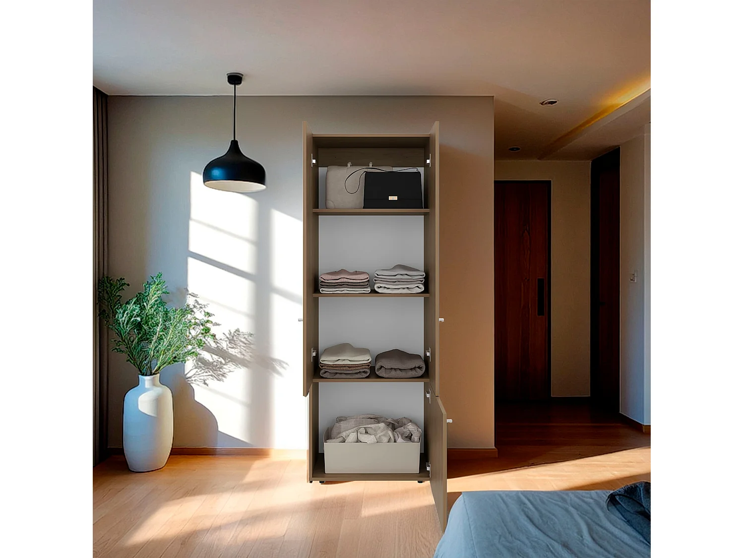 TUHOME  Armario alto de 3 puertas con 4 estantes Tolleso, armario independiente para dormitorio o recibidor, roble natural