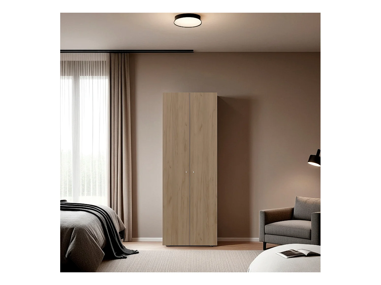 TUHOME Armario alto de 2 puertas World, 4 estantes, almacenamiento vertical, dormitorio, roble natural