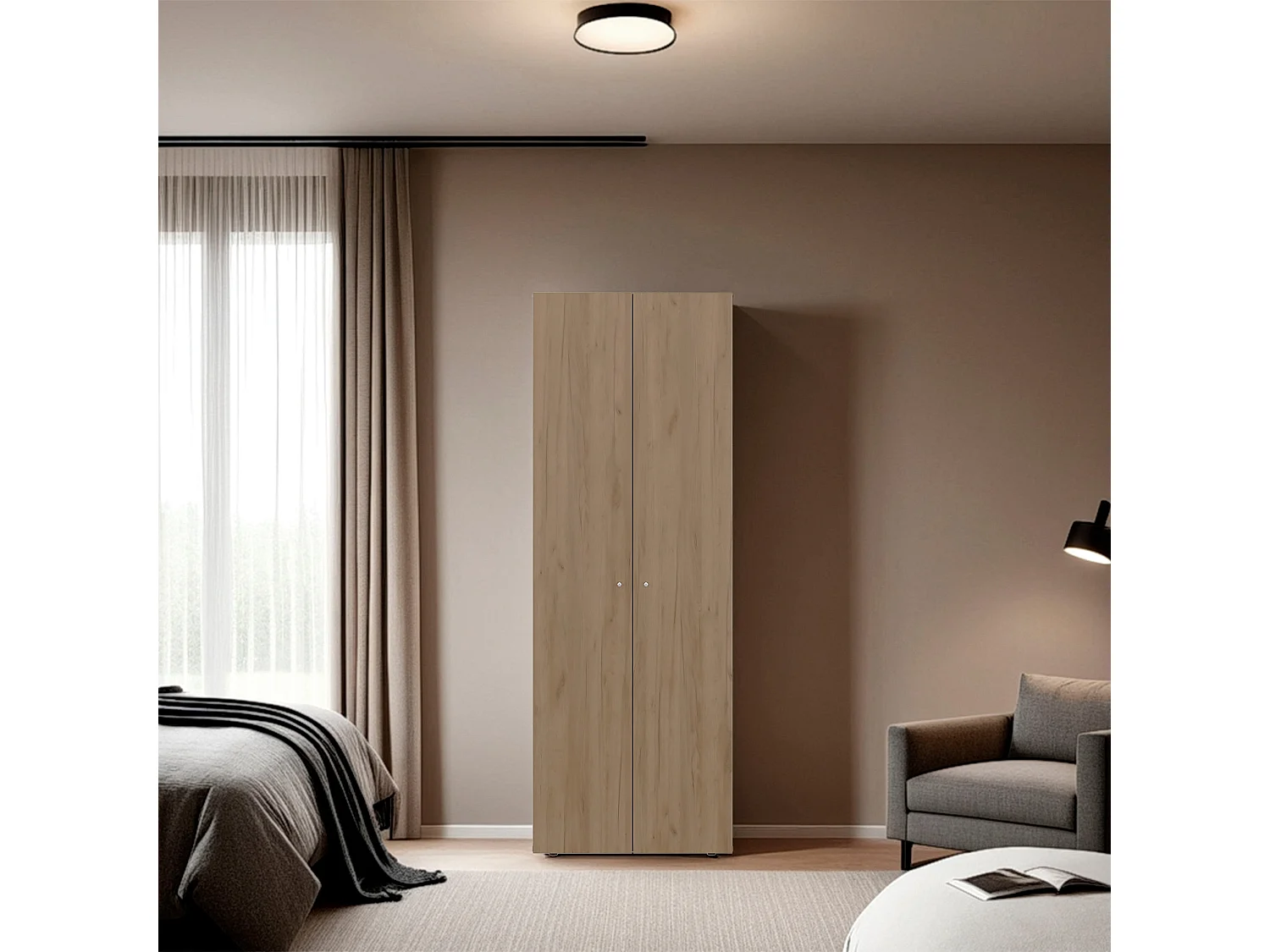 TUHOME Armario alto de 2 puertas World, 4 estantes, almacenamiento vertical, dormitorio, roble natural