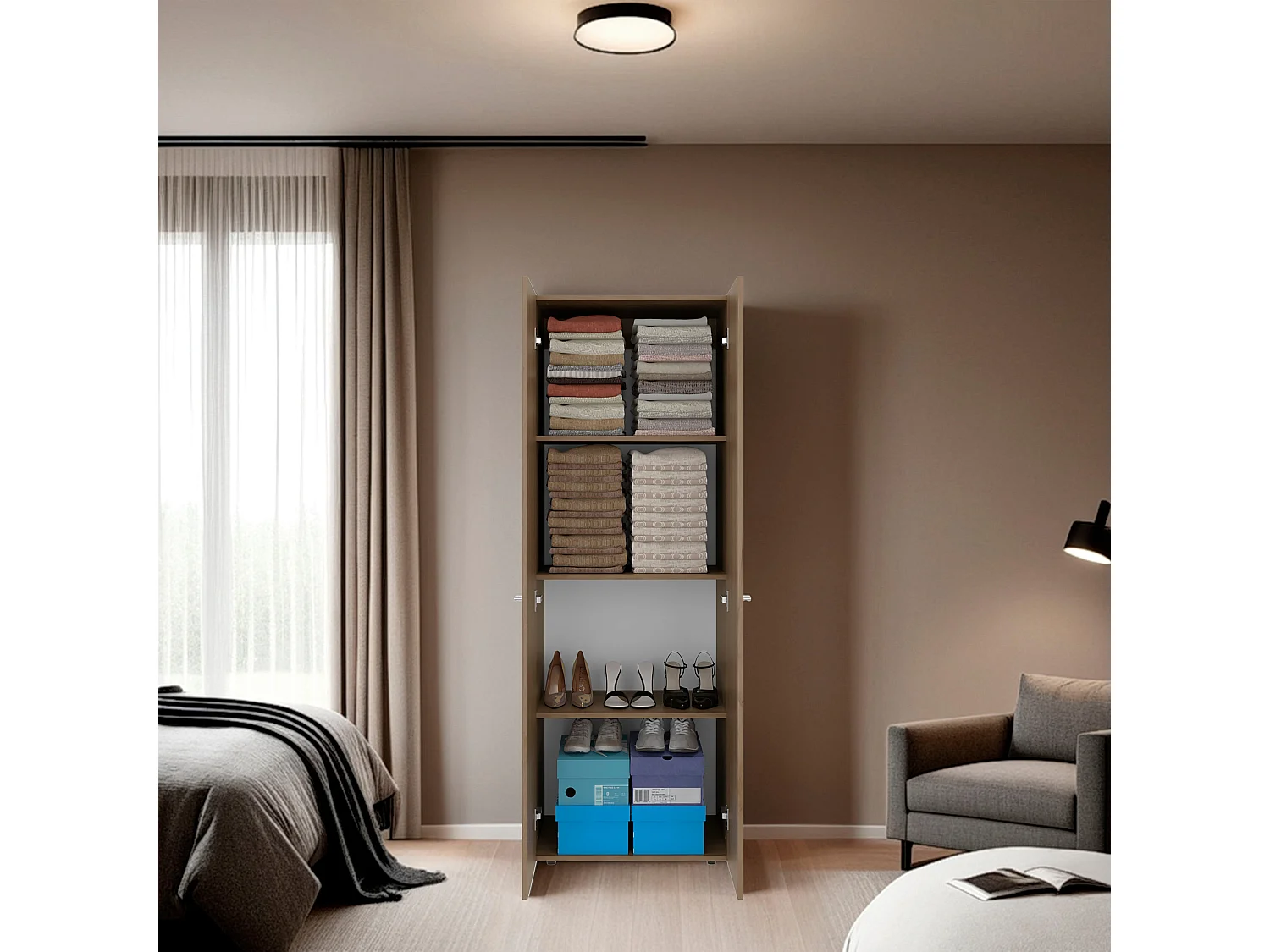 TUHOME Armario alto de 2 puertas World, 4 estantes, almacenamiento vertical, dormitorio, roble natural