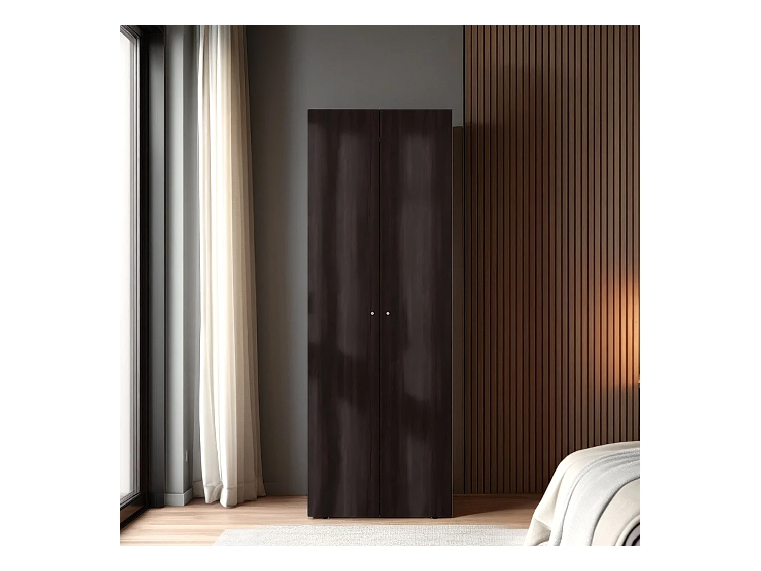 TUHOME Armario alto de 2 puertas World, 4 estantes, almacenamiento vertical, dormitorio, nogal teñido