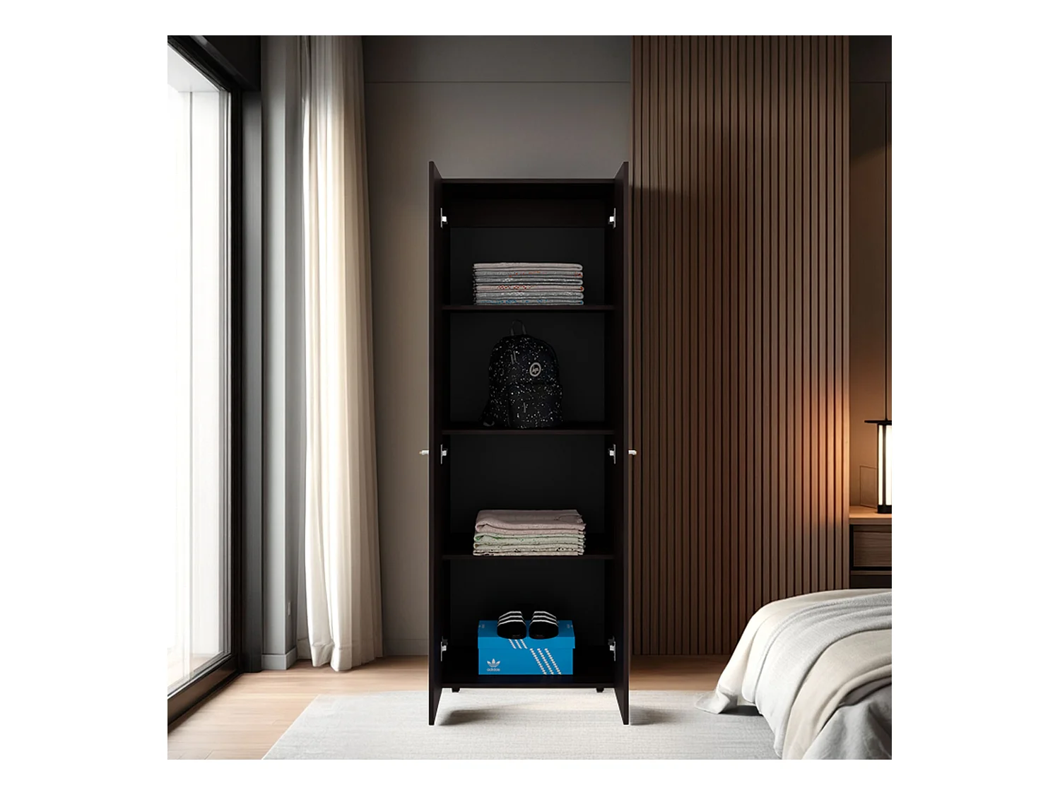 TUHOME Armario alto de 2 puertas World, 4 estantes, almacenamiento vertical, dormitorio, nogal teñido