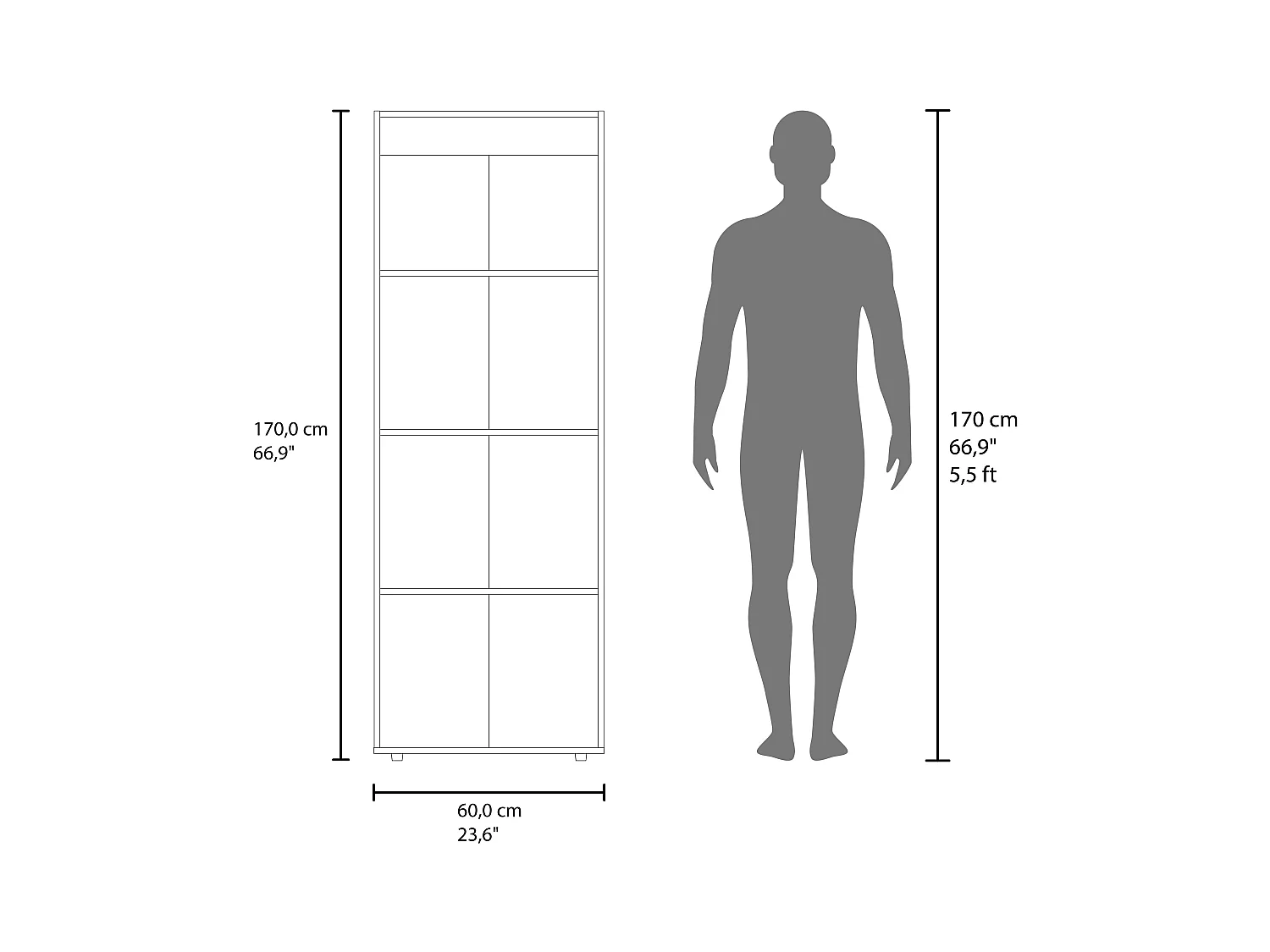 TUHOME Armario alto de 2 puertas World, 4 estantes, almacenamiento vertical, dormitorio, nogal teñido