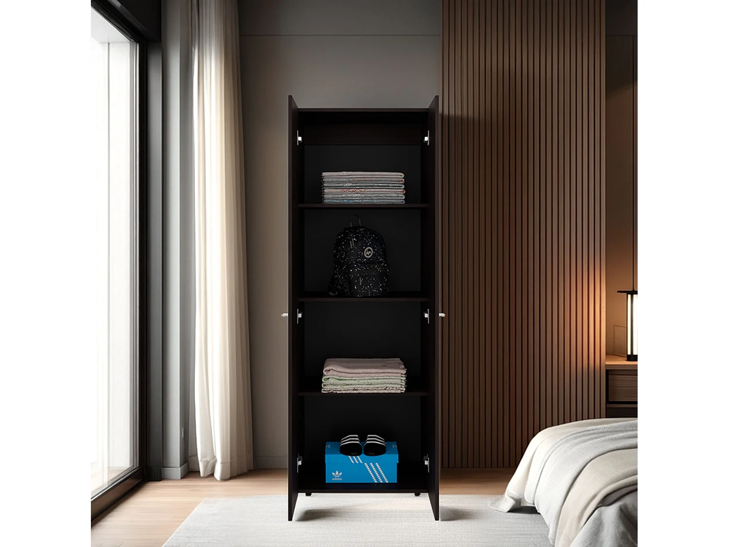 TUHOME Armario alto de 2 puertas World, 4 estantes, almacenamiento vertical, dormitorio, nogal teñido