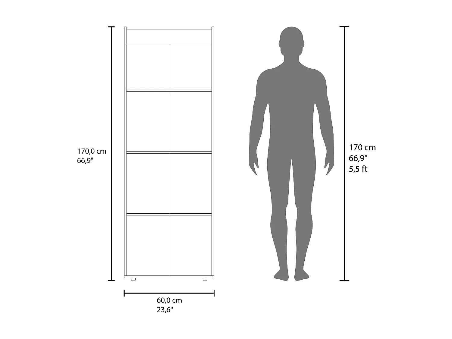 TUHOME Armario alto de 2 puertas World, 4 estantes, almacenamiento vertical, dormitorio, nogal teñido