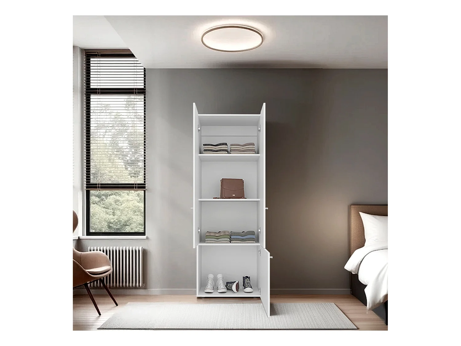 TUHOME Armario alto de 3 puertas con 4 estantes Tolleson, armario independiente para dormitorio o recibidor, blanco