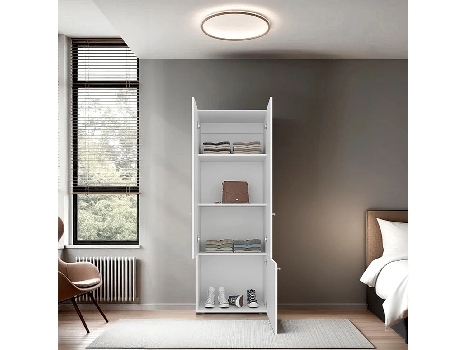 TUHOME Armario alto de 3 puertas con 4 estantes Tolleson, armario independiente para dormitorio o recibidor, blanco