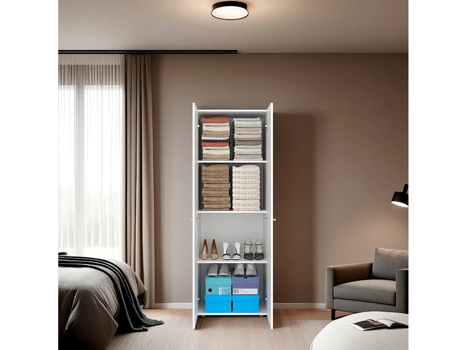 TUHOME Armario alto de 2 puertas World, 4 estantes, almacenamiento vertical, dormitorio, blanco