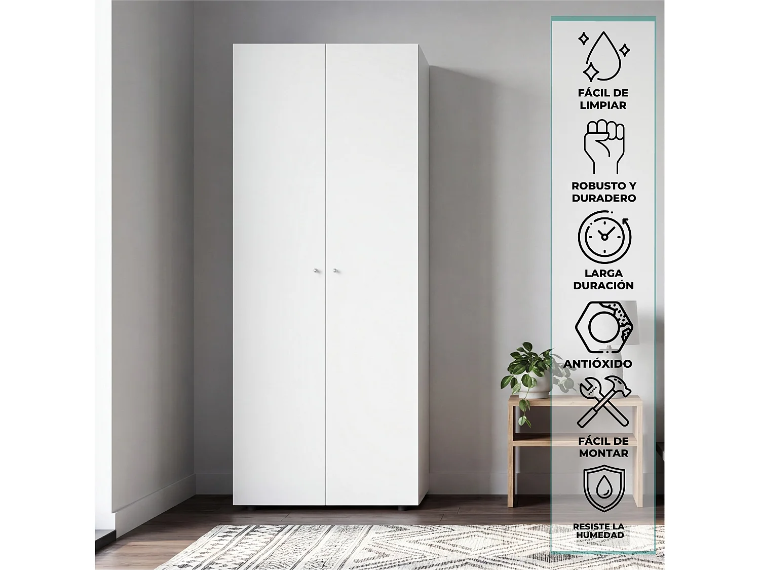 Armario ropero Home de 170 cm con barra de colgar y 1 estante, blanco