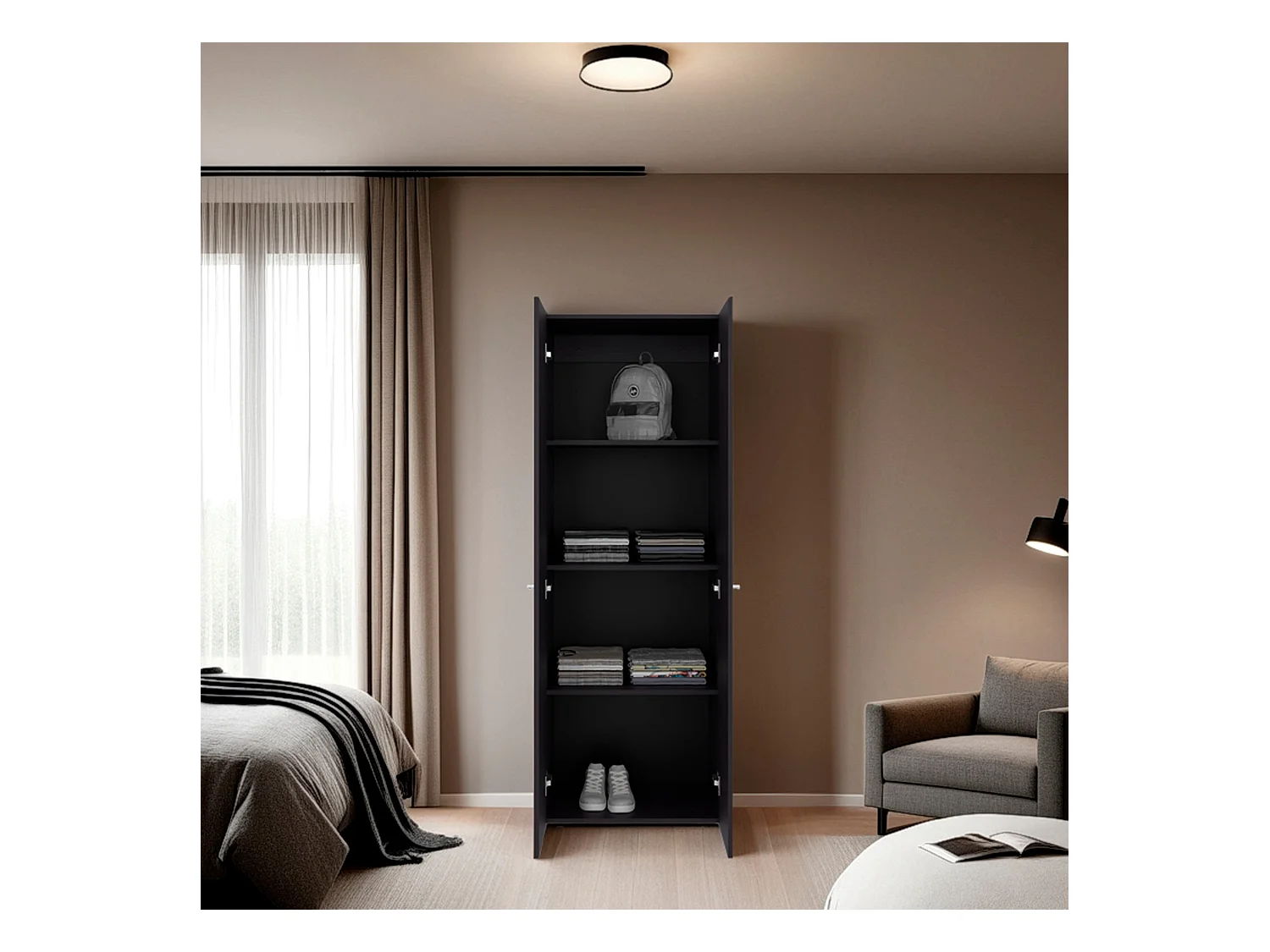 TUHOME Armario alto de 2 puertas World, 4 estantes, almacenamiento vertical, dormitorio, wengué