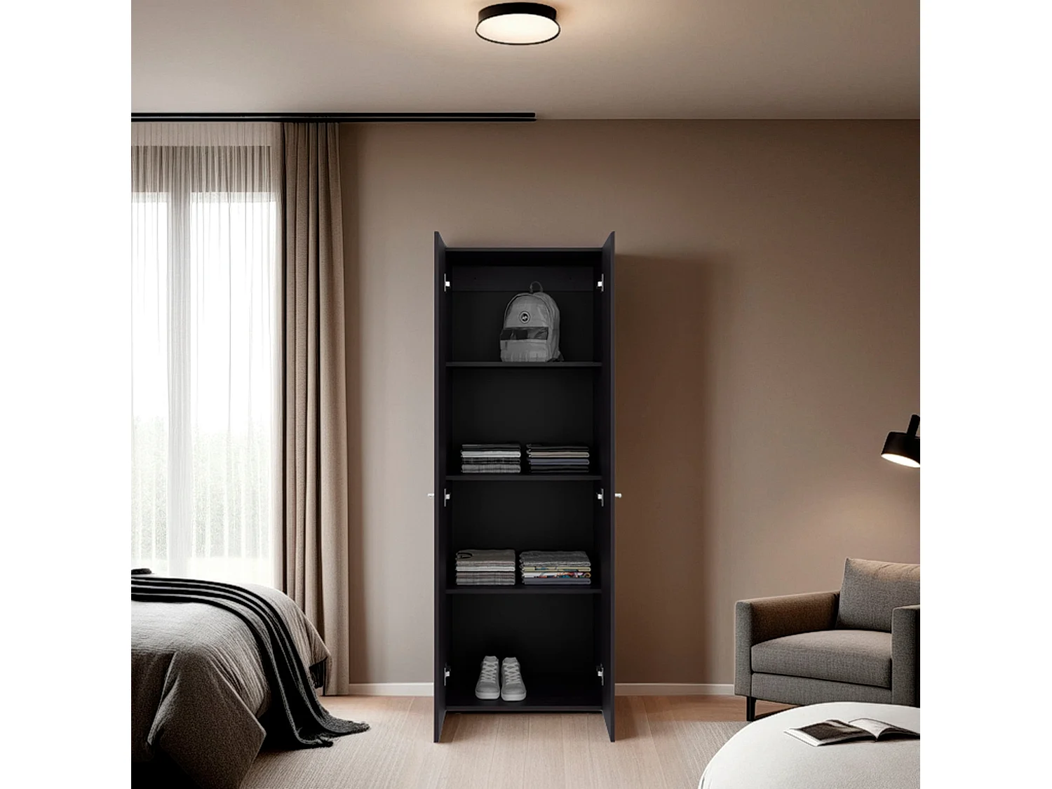 TUHOME Armario alto de 2 puertas World, 4 estantes, almacenamiento vertical, dormitorio, wengué