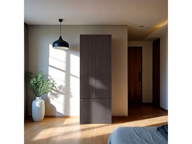 TUHOME Armario alto de 3 puertas con 4 estantes Tolleson, armario independiente para dormitorio o recibidor, nogal teñido