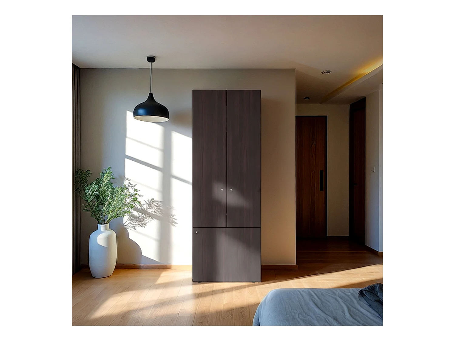 TUHOME Armario alto de 3 puertas con 4 estantes Tolleson, armario independiente para dormitorio o recibidor, nogal teñido